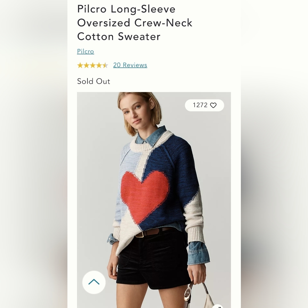 Anthropologie Pilcro Blue and Red Heart Crew-Neck Sweater